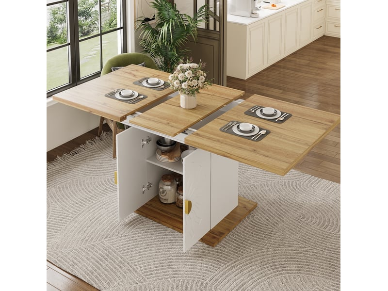  Table à manger extensible blanche et bois clair 110 à 140 cm, avec rangement intégré pour votre intérieur  - Conforama B