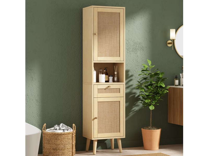  Armoire de salle de bains haute 166 cm en mdf, aspect bois clair, portes en paille réversibles et tiroir pratique  - Conforama B