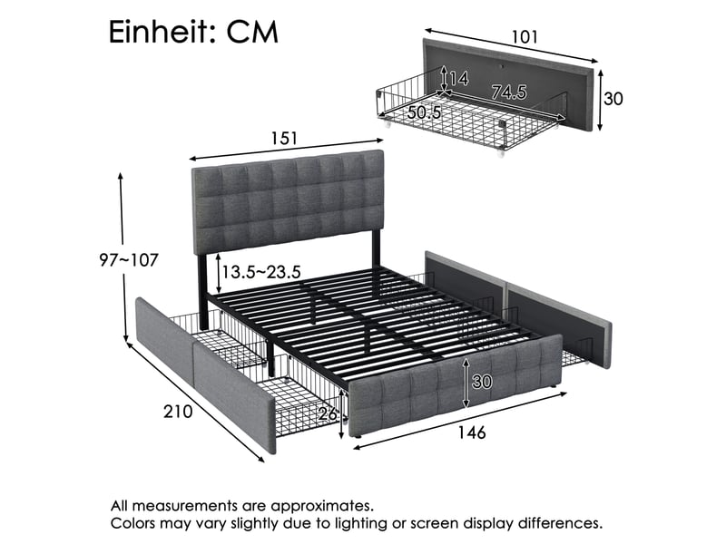  Lit coffre 140x200 cm avec 4 tiroirs, tête de lit réglable, gris en lin  - Conforama C