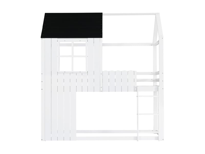  Lit superposé, lit enfant, fenêtres raffinées, formes de maison élégantes, escalier à trois marches, rambarde sur tout le pourtour, pin et mdf, blanc et noir, 90 x 200 cm  - Conforama D
