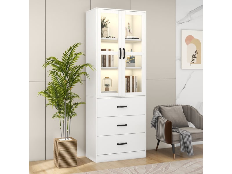  Vitrine haute de rangement 60 x 40 x 200 cm avec 2 portes vitrées, 3 tiroirs, 2 étagères réglables, éclairage led, poignées noires, mdf, blanc  - Conforama E