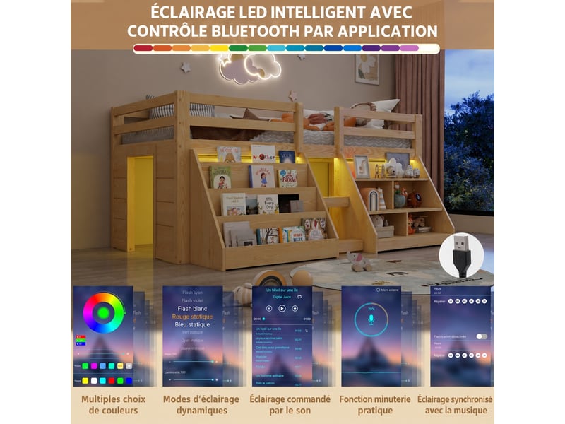  Lit mi hauteur 90 x 200 cm, lit superposé enfant multiples rangements, lit enfant avec barriere avec rangement, lit mezzanine  - Conforama D