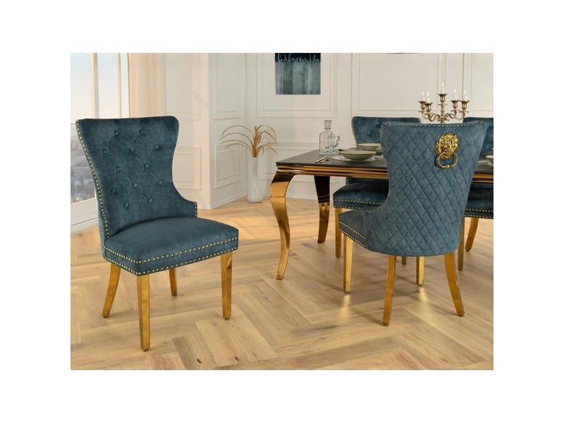 Lot de 2 chaises chesterfield regina bleu pétrole en velours capitonné – tête de lion dorée, clous décoratifs et pieds acier - Conforama B