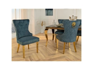 Lot de 2 chaises chesterfield regina bleu pétrole en velours capitonné – tête de lion dorée, clous décoratifs et pieds acier