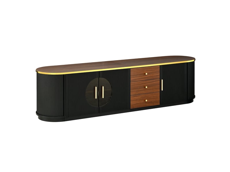  Meuble tv 180 cm banc tv design luxe avec 3 tiroirs et 3 portes en verre marron, bords arrondis, noir et noyer, 180x40x46cm  - Conforama W