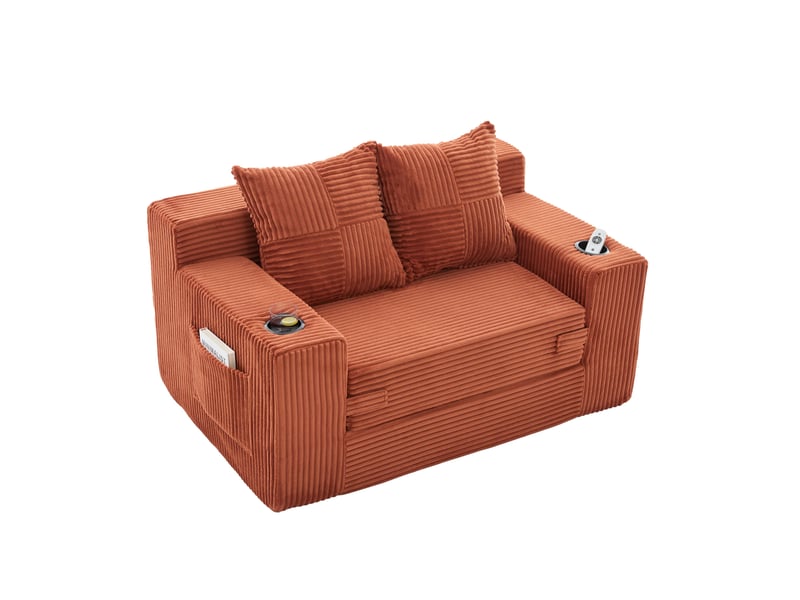  Canapé-lit 2 places modenvie convertible en velours côtelé orange avec pouf, coussins, porte-gobelet et poches de rangement 151 x 133 x 64 cm  - Conforama A