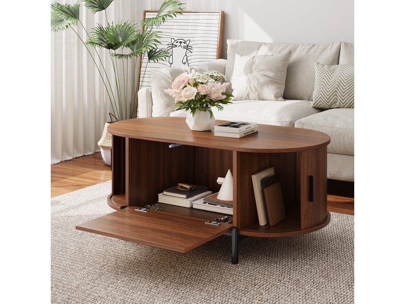  Table basse ulevr ovale avec rangement, portes coulissantes et porte en rotin, 100 x 50 x 40 cm, mdf aspect bois noyer, pieds métal noir  - Conforama B