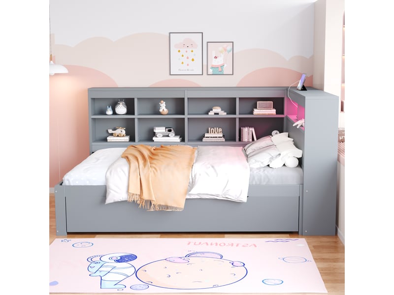  Lit banquette enfant 140 x 200 cm avec led, usb, tiroirs et rangements, bois, gris Fay Lum - Conforama D