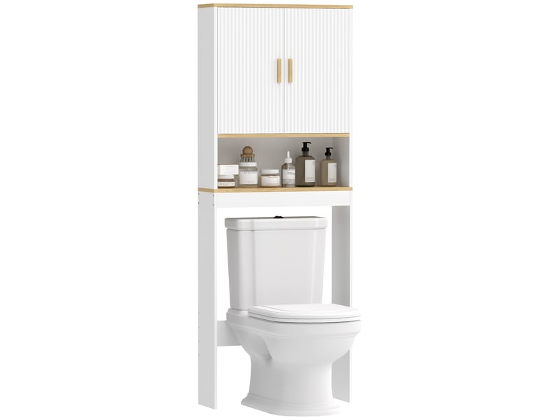  Étagère de salle de bain à 3 niveaux à poser au-dessus des toilettes, avec étagère ouverte, 2 portes et étagère réglable, 64 x 20 x 170,5 cm, blanche  - Conforama A