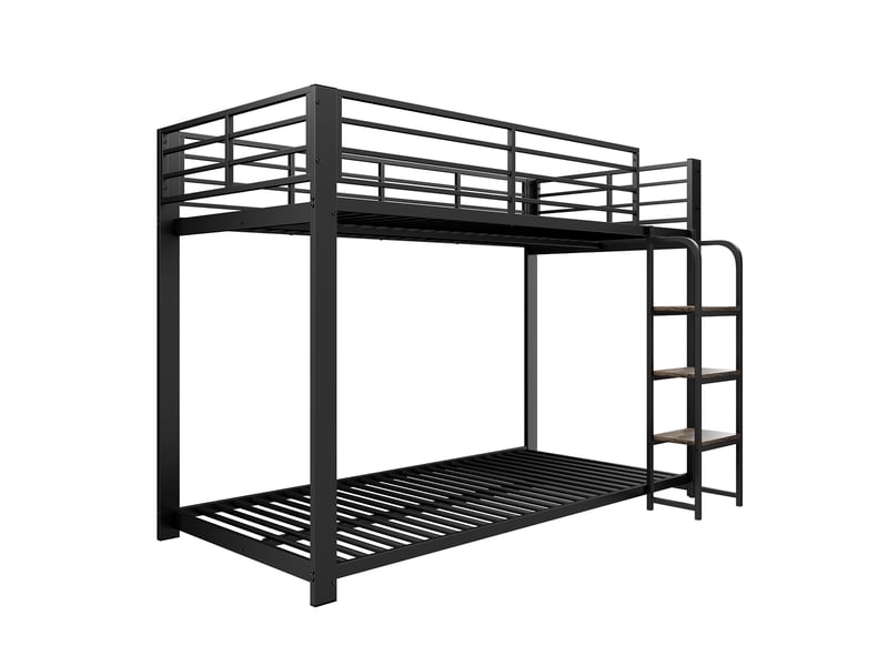  Lit superposé métal noir 90x200 cm avec échelle bois et étagères intégrées  - Conforama E