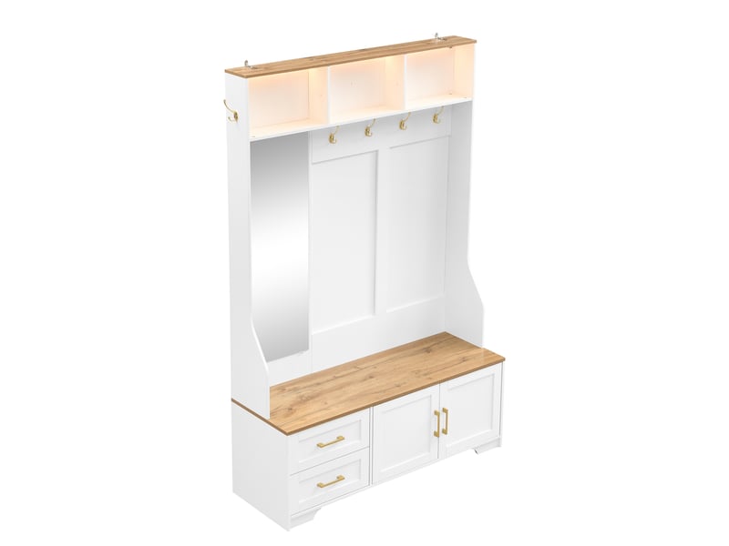  Vestiaire d'entrée avec led miroir crochets et tiroirs mdf blanc et bois 120x40x187 cm GL1101W - Conforama A