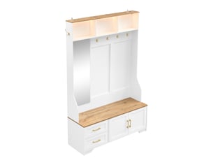 Vestiaire d'entrée avec led miroir crochets et tiroirs mdf blanc et bois 120x40x187 cm