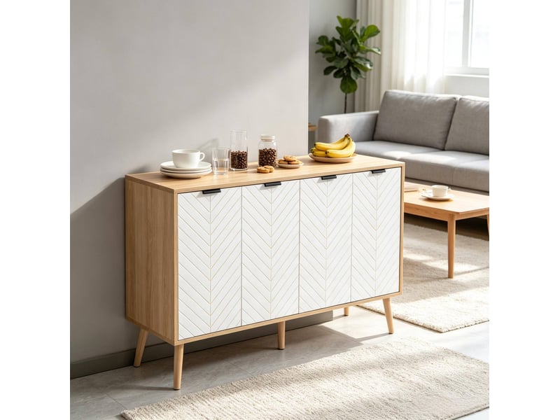  Buffet de rangement avec 4 portes, étagère réglable et piètement surélevé pour salon, blanc, 120 × 35 × 77,4 cm  - Conforama B