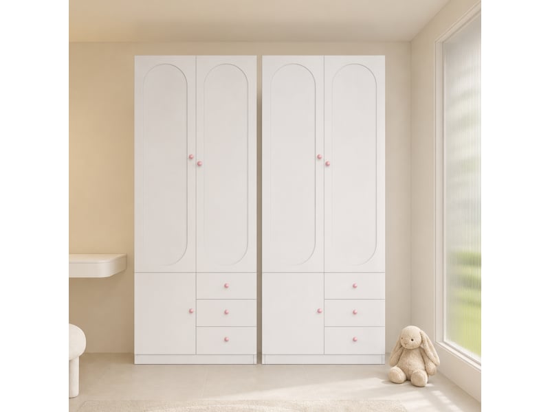  Armoire 2 portes avec tiroirs, penderie, finition blanche, poignées roses, grand rangement, 2 pièces  - Conforama B