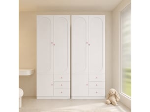 Armoire 2 portes avec tiroirs, penderie, finition blanche, poignées roses, grand rangement, 2 pièces