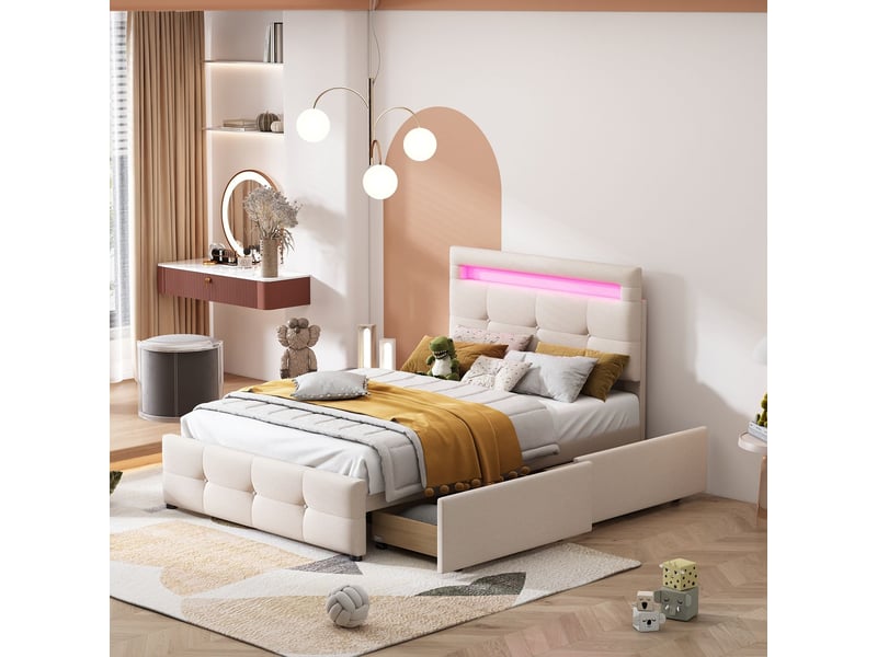  Lit enfant 90x200 cm avec éclairage led multicolore - lit capitonné - 2 tiroirs de rangement, tissu en lin beige, sommier inclus  - Conforama B