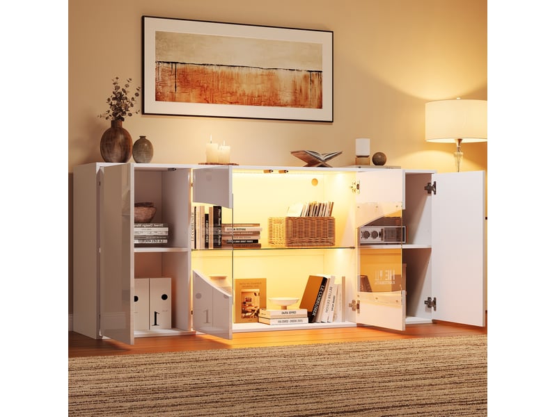  Buffet 160x35x70 cm avec éclairage led bluetooth, 4 portes en mdf blanc  - Conforama D