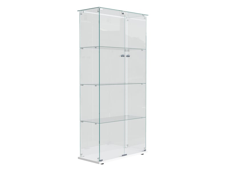  Vitrine en verre 4 niveaux double porte - 78,5 x 36,5 x 163 cm - blanc - grande armoire d'exposition avec ruban led et base blanche  - Conforama A