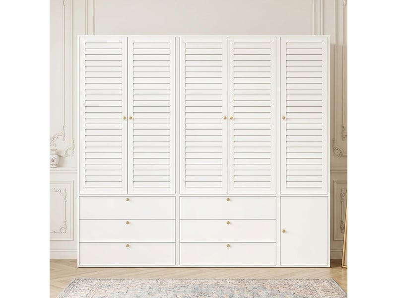  Armoire tcqpz 5 portes 225 x 50 x 200 cm 6 tiroirs 3 penderies blanc  - Conforama A
