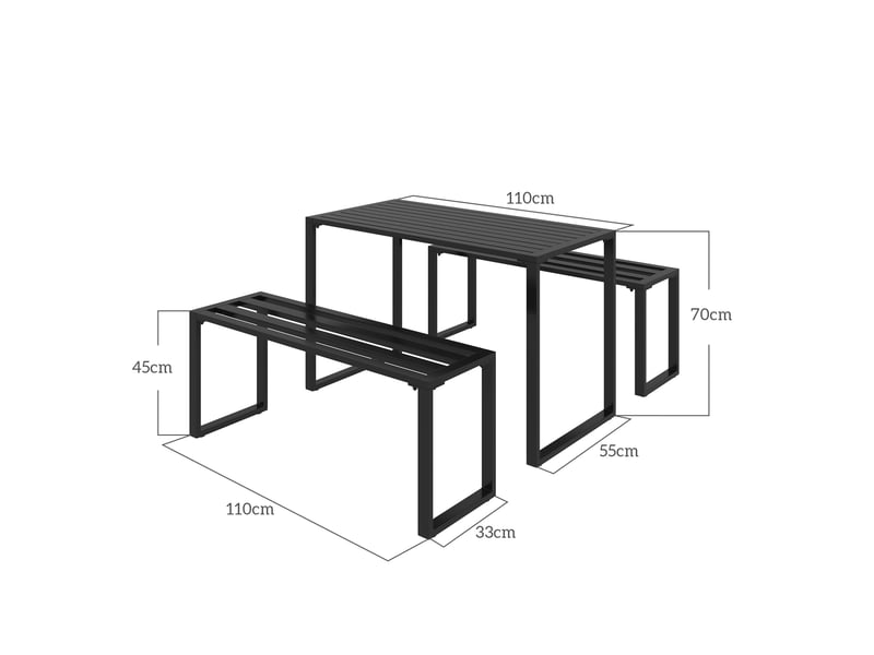  Ensemble de jardin 3 pièces table et 2 bancs métal noir 110x55x70 cm  - Conforama B