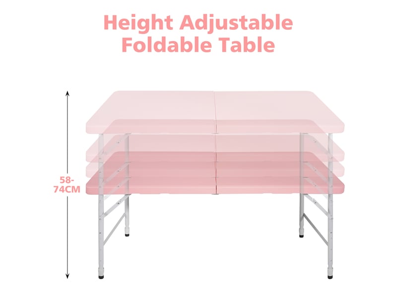  Table pliante portable 125x61 cm – rose – hauteur réglable 58 à 74 cm, poignée de transport, charge 135 kg  - Conforama C