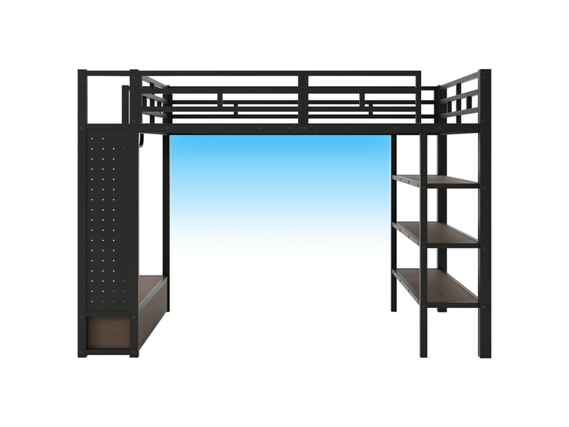 Lit mezzanine moderne 140x200 cm avec penderie ouverte, lit enfant avec led, rangement, mdf, métal, noir, sans matelas  - Conforama A