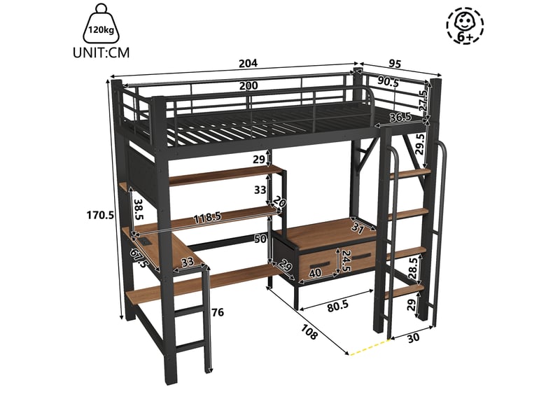 Lit mezzanine 90x200 cm avec bureau et led, tiroirs et rangements, coloris noir - Conforama C