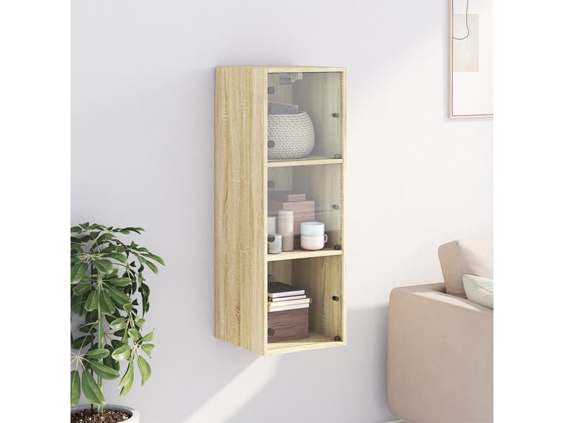  Armoire murale salon, meuble de rangement avec portes en verre chêne sonoma 35x37x100 cm  - Conforama C