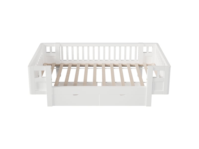  Lit plateforme enfant 90 x 200 cm blanc en mdf et pin, 2 tiroirs et barrière de protection haute  - Conforama D