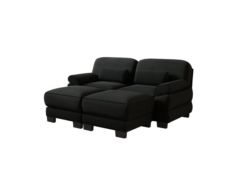 Canapé modulaire 2 places noir en velours côtelé avec 2 poufs, assise profonde  - Conforama D
