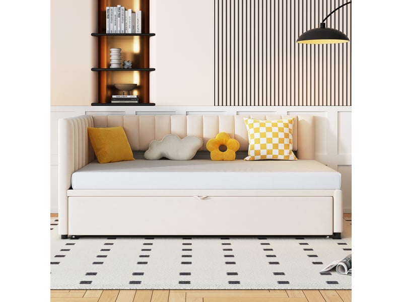  Lit enfant gigogne 90x200cm, gain de place, tête de lit confort, style moderne, velours beige, sans matelas  - Conforama D