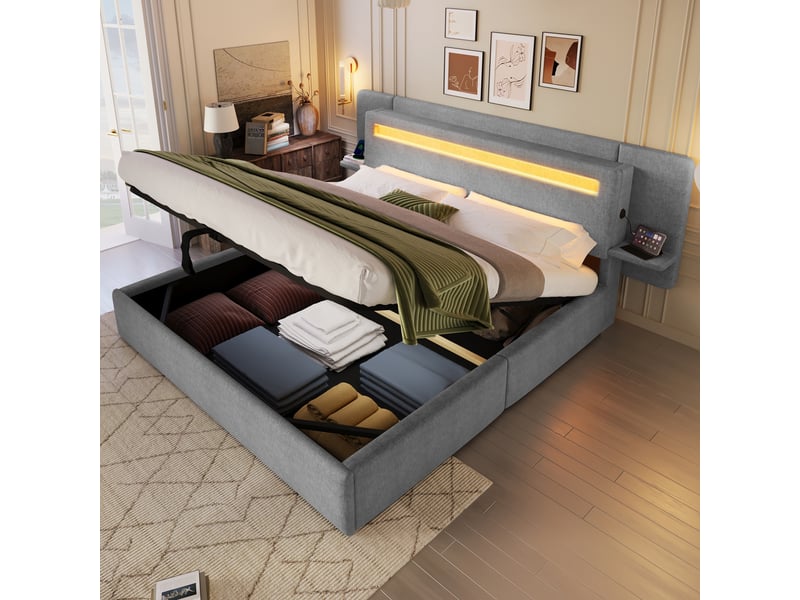 Lit coffre 180x200 cm en tissu lin avec rangement hydraulique, tête de lit led, table de chevet intégrée et port usb - gris - Conforama B