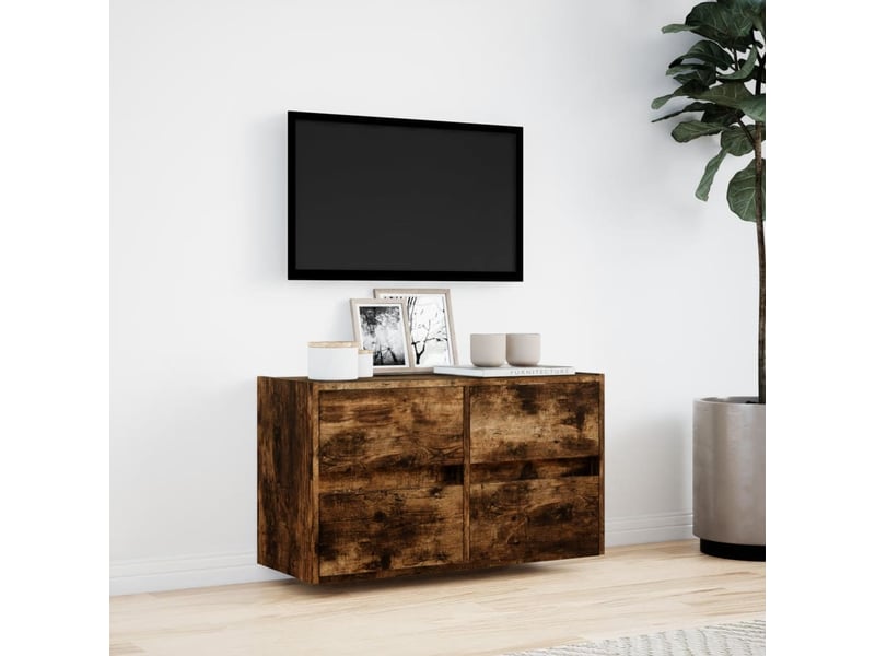 Meuble tv - banc tv - meuble de rangement mural avec lumières led chêne fumé 80x31x45 cm - Conforama D