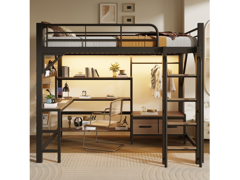  Lit mezzanine 140 x 200 cm avec bureau, rangements, led, usb, noir, métal  - Conforama D