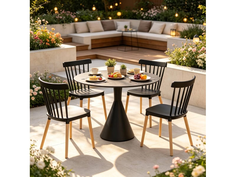  Chaise de salle à manger lot de 4 avec dossier ajouré et patins antidérapants en polypropylène noir et bois naturel  - Conforama D
