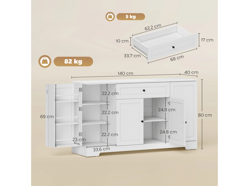  Buffet bas 140x40x80 cm, avec espace de rangement 1 tiroir et quatre portes en mdf, style contemporain, coloris blanc  - Conforama C