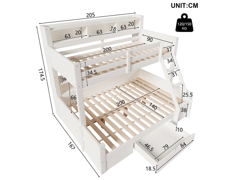  Lit superposé tcqpz 90 x 200 cm + 140 x 200 cm avec échelle réversible, led, rangements ouverts, 1 tiroir, blanc  - Conforama C