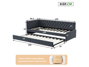 Lit banquette gigogne 90 x 200 cm gris - canapé-lit extensible en velours avec sommier à lattes et lit gigogne pour chambre d'amis