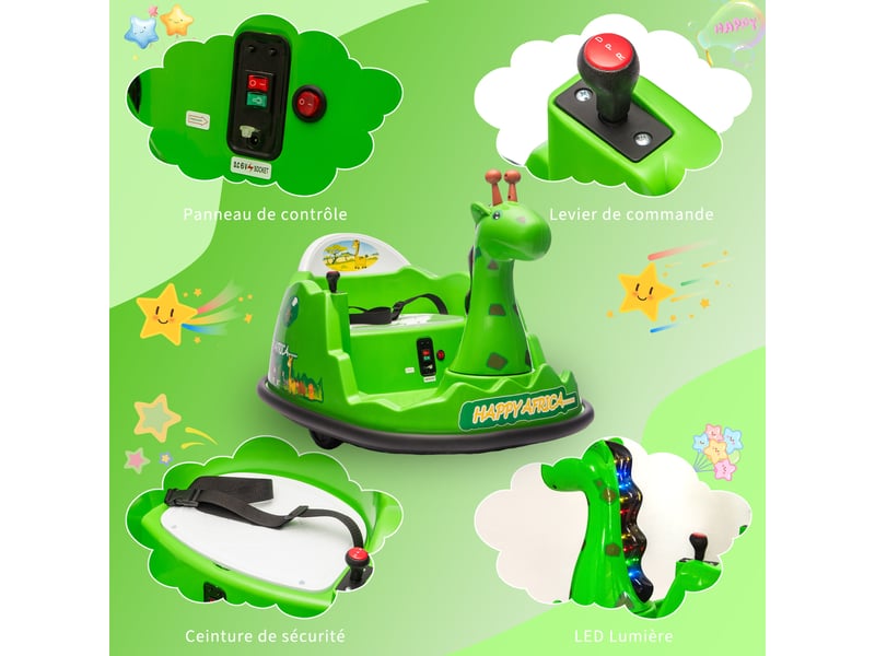  Voiture tamponneur pour enfant 6 v, rotation 360°, led, musique, télécommande, 2-5 ans, charge 30 kg – vert PTG_335XTHYW - Conforama E