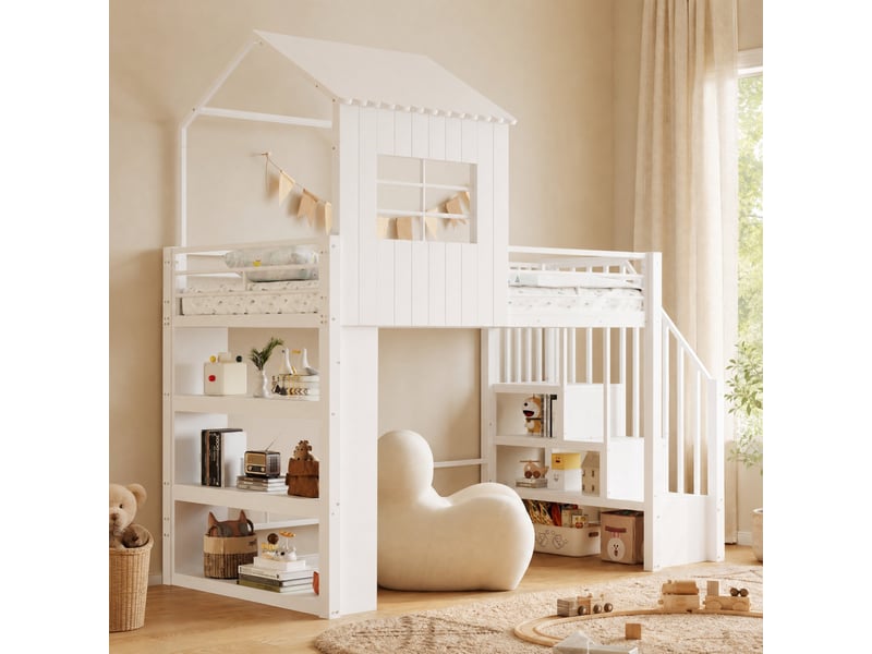  Lit mezzanine enfant 90 x 200 cm blanc avec structure maison, escalier de rangement réversible et étagère  - Conforama B