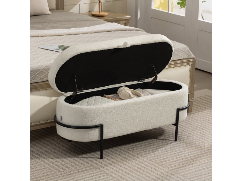  Banc de rangement, crème, banc coffre de rangement en tissu bouclette avec couvercle relevable et pieds en acier  - Conforama D