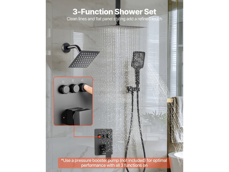 Colonne de douche noire mate, système de plafond 305 mm avec pommeau mural 152 mm, mitigeur 3 fonctions en laiton pour salle de bain - Conforama C