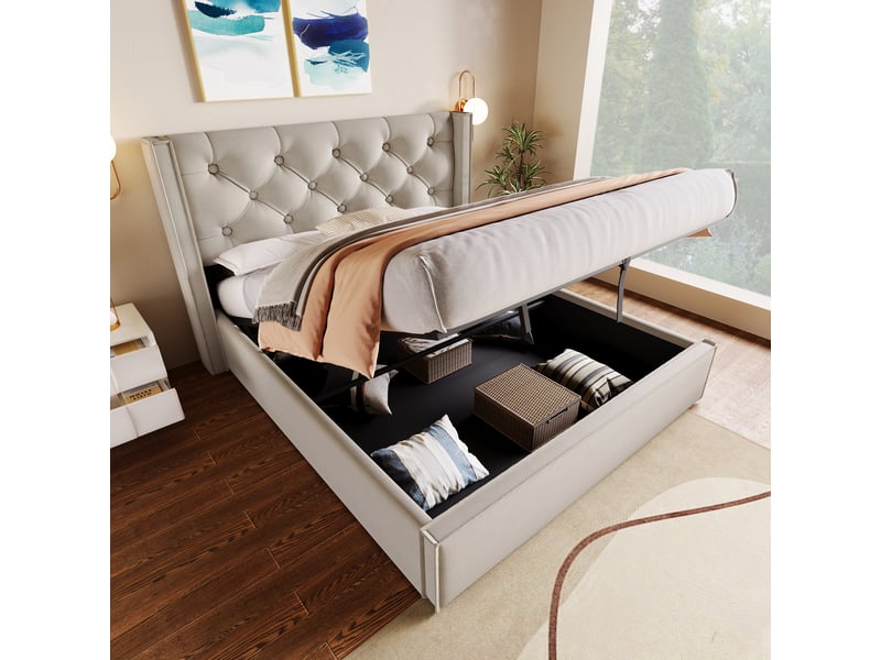 Lit coffre rembourré 140 x 200 cm en tissu coton gris clair, sommier à lattes, tête de lit capitonnée 830809AAH - Conforama D