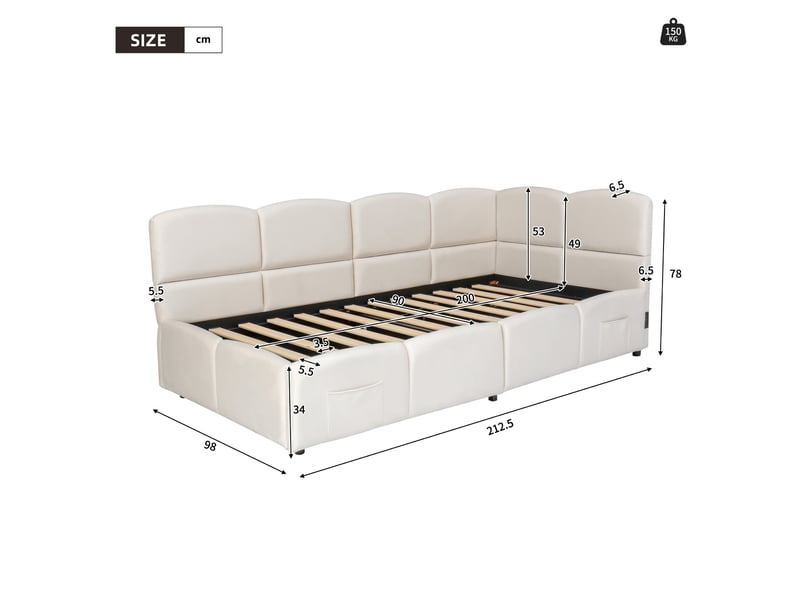  Lit coffre 90x200 canapé lit avec rangement velours beige ports usb  - Conforama C