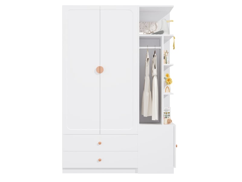  Armoire avec 2 penderies, 2 tiroirs et colonne modulable pour chambre en mdf, bois massif et acier, 135×45×200 cm  - Conforama A