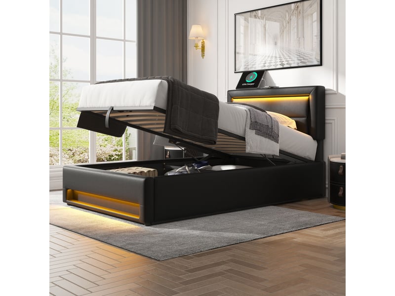  Lit adulte - avec rangement - avec éclairage led - avec port usb - avec sommier à lattes - couchage 90x190 cm - pu - pour chambre noir - Conforama B
