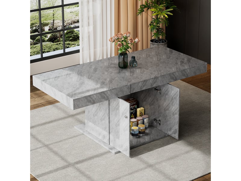 Table à manger rectangulaire extensible 140-180 x 80 cm avec rallonge automatique et grand rangement, plateau effet béton, 4 à 8 places - Conforama C