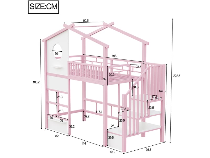  Lit mezzanine enfant modenvie 90 x 200 cm avec led, escalier avec rangements, garde-corps surélevés, design maison rose et blanc  - Conforama C
