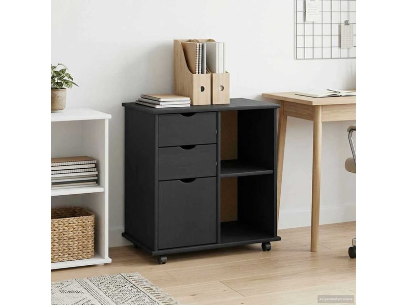  Caisson roulant de bureau 63,5 x 39 x 65,5 cm bois de pin massif noir shl5329  - Conforama C