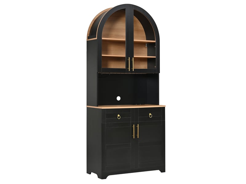 Buffet 80x40x180 cm avec vitrine en verre cintrée, éclairage led, prise intégrée et usb, 2 tiroirs, mdf, coloris noir - Conforama A